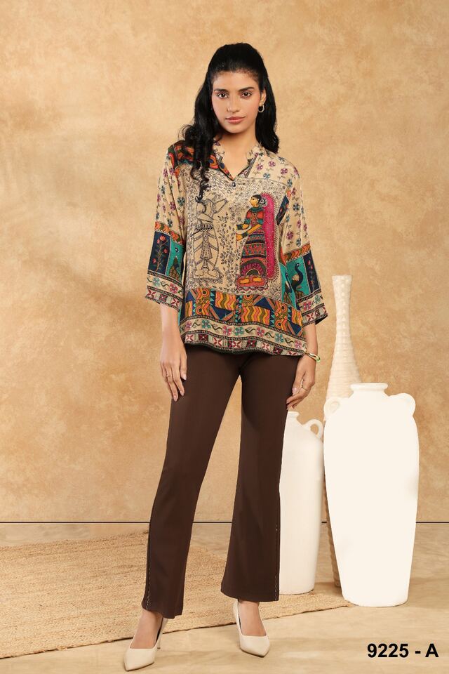 Heritage-print tunic with chocolate trousers and nude heels