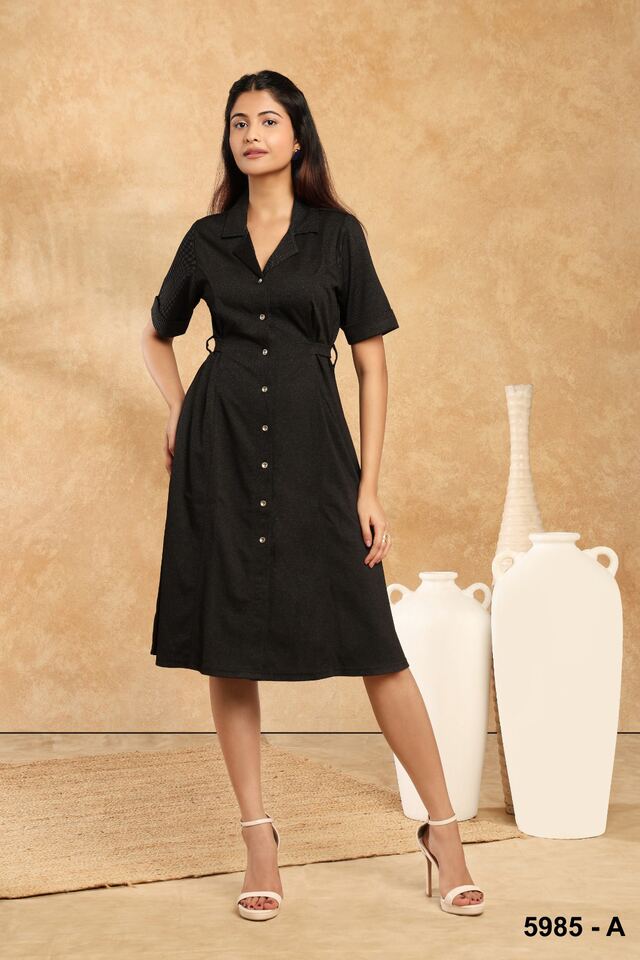 Black button-front shirt dress with short sleeves and a defined waist