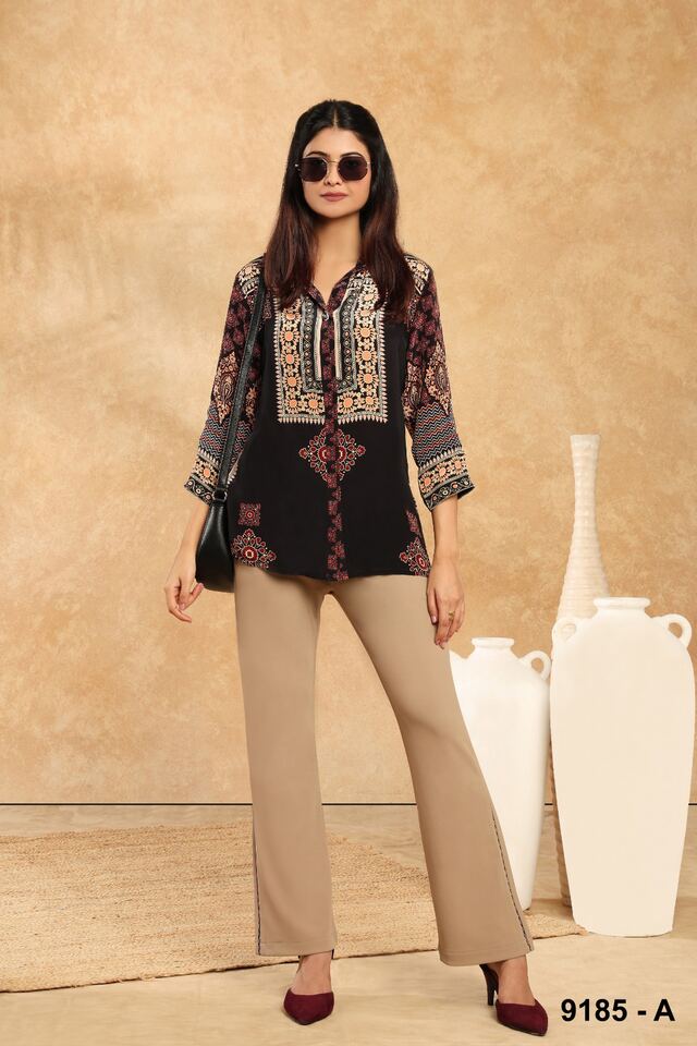 Black block-print tunic with a mandarin neckline and camel trousers