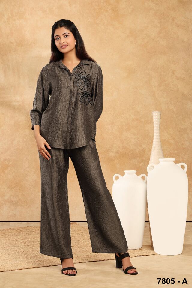 Bronze shimmer shirt and relaxed trouser co-ord set