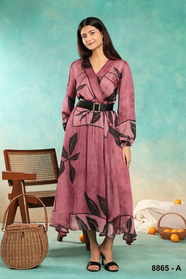 Mauve tie-dye effect wrap dress with a belted waist and handkerchief hem