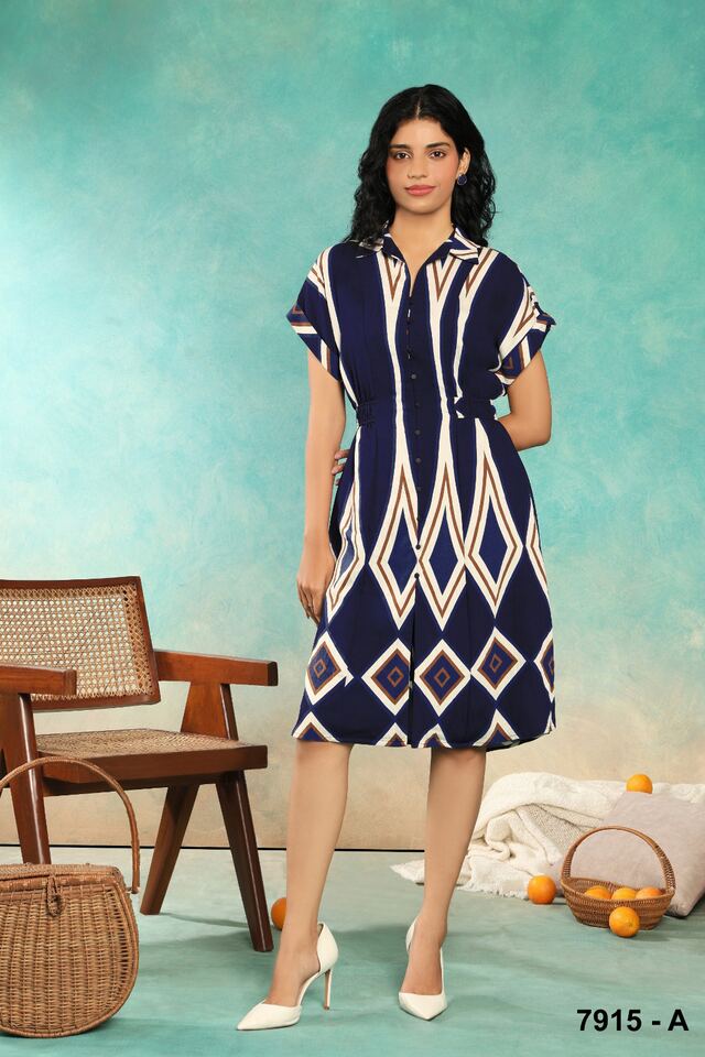Navy and ivory geometric-print shirt dress with a belted waist