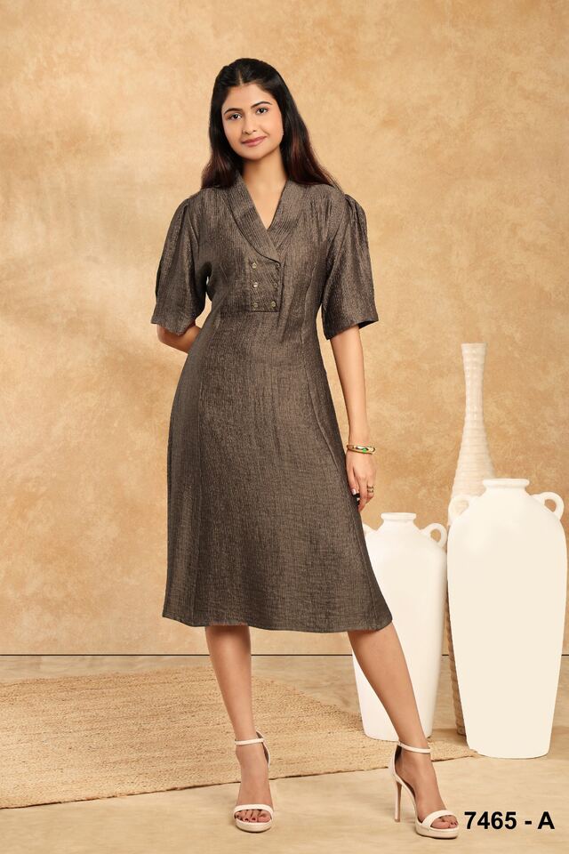 Taupe textured wrap dress with a V-neck and puffed short sleeves