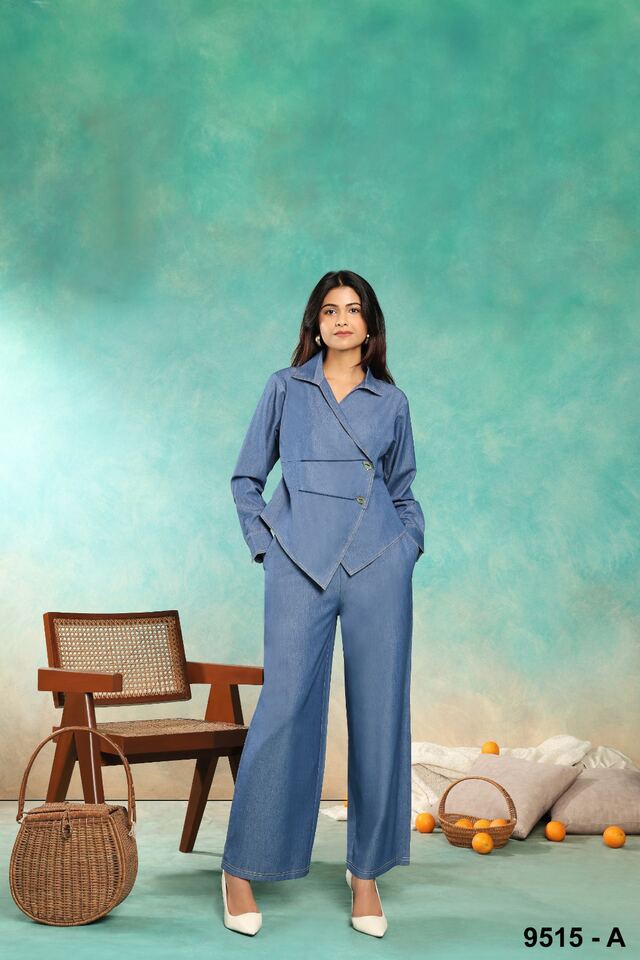 Chambray wrap-front co-ord set photographed beside a cane chair