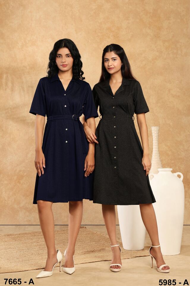 Two women in navy and black button-front shirt dresses standing side by side in a sunlit studio