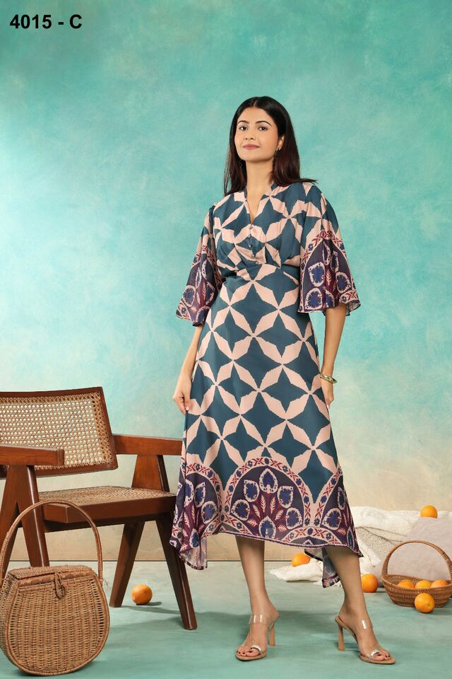 Teal geometric-print midi dress with fluttered sleeves and an asymmetric hem