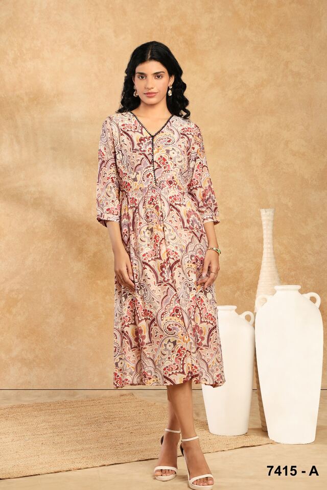 Blush paisley shirt dress with three-quarter sleeves