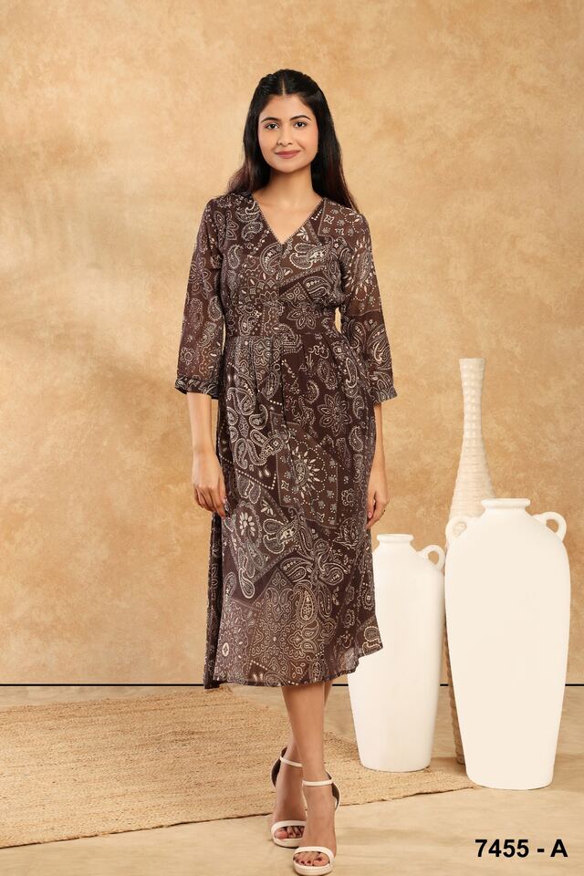Brown printed midi dress with long sleeves and a V-neckline