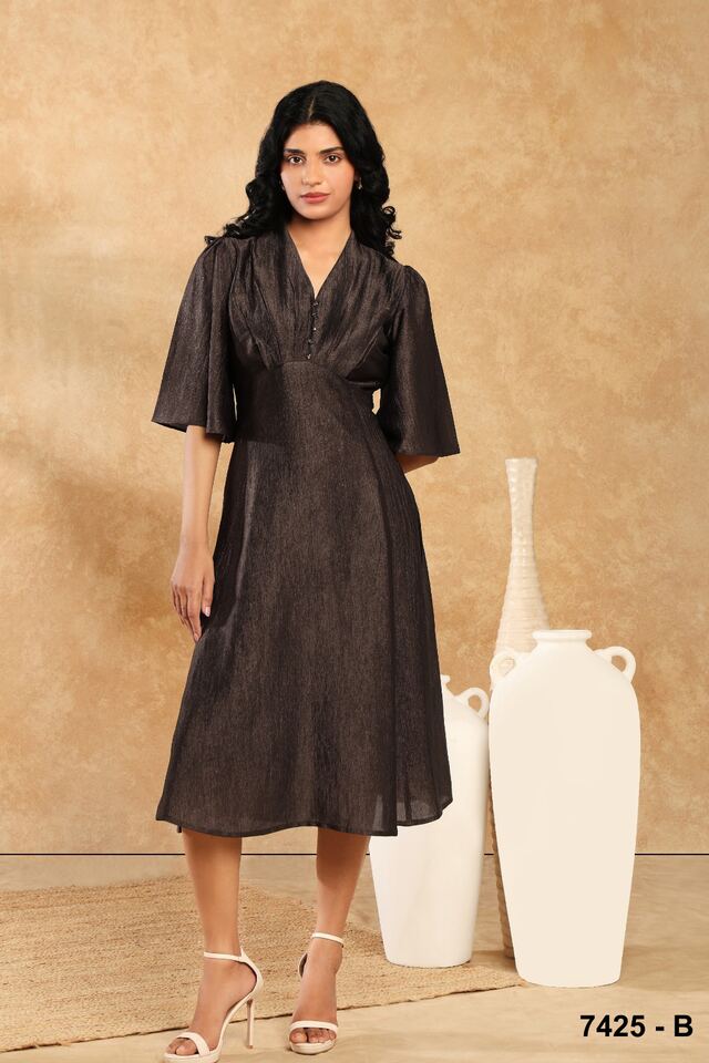 Charcoal wrap dress with fluttered sleeves and strappy heels