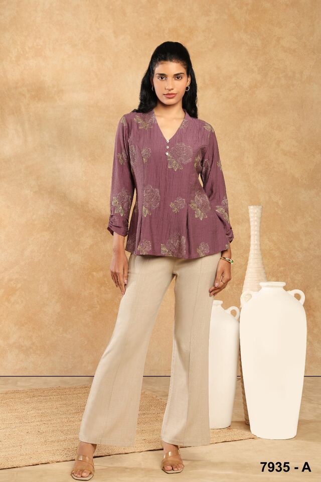 Plum printed peplum blouse with wide stone trousers
