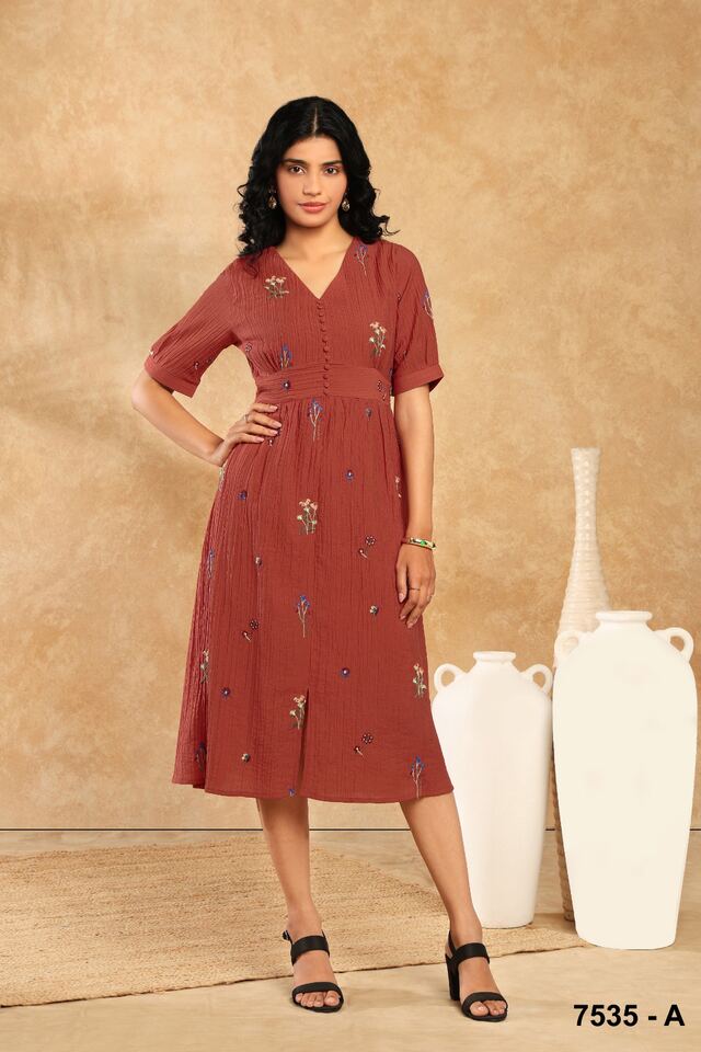 Rust button-front midi dress with puff sleeves and a cinched waist