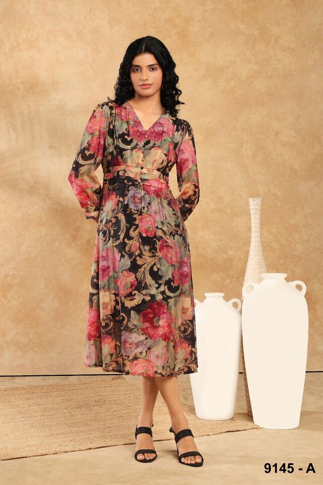 Sheer floral midi dress in pink and black with long sleeves