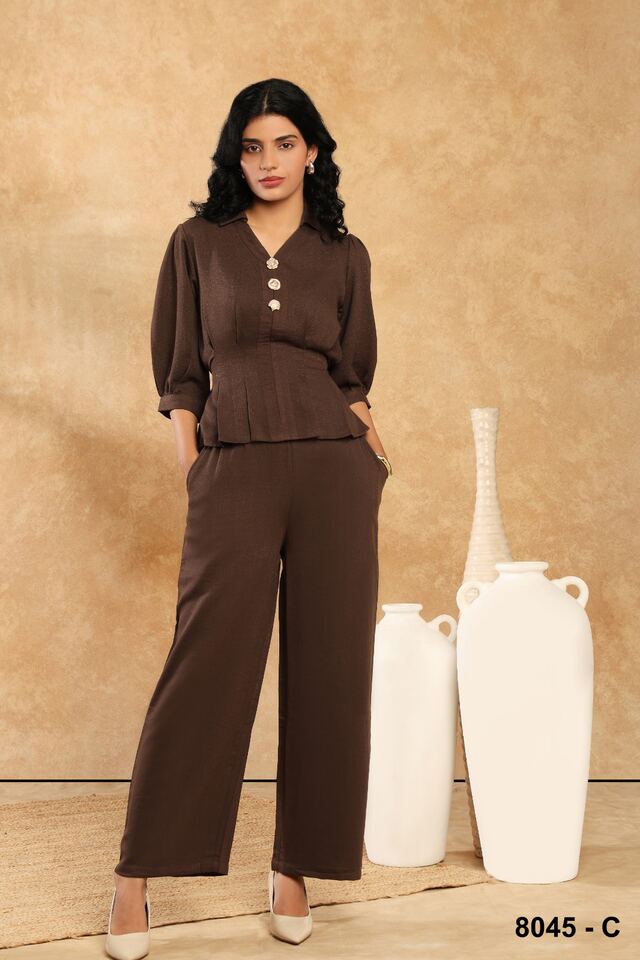 Espresso brown co-ord set with a gathered waist and straight trousers