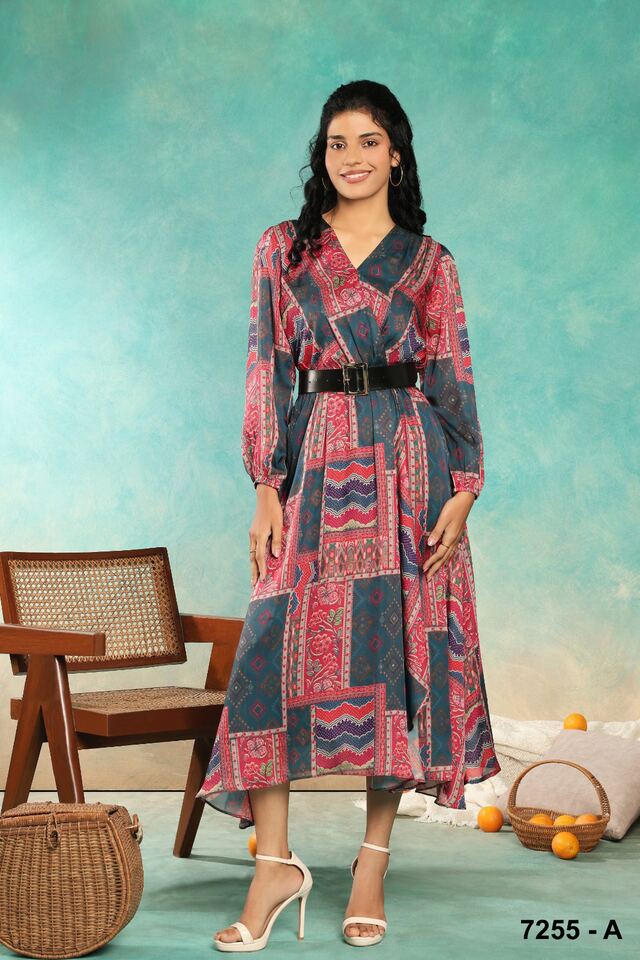 Patchwork-print belted wrap dress in pink and slate with balloon sleeves