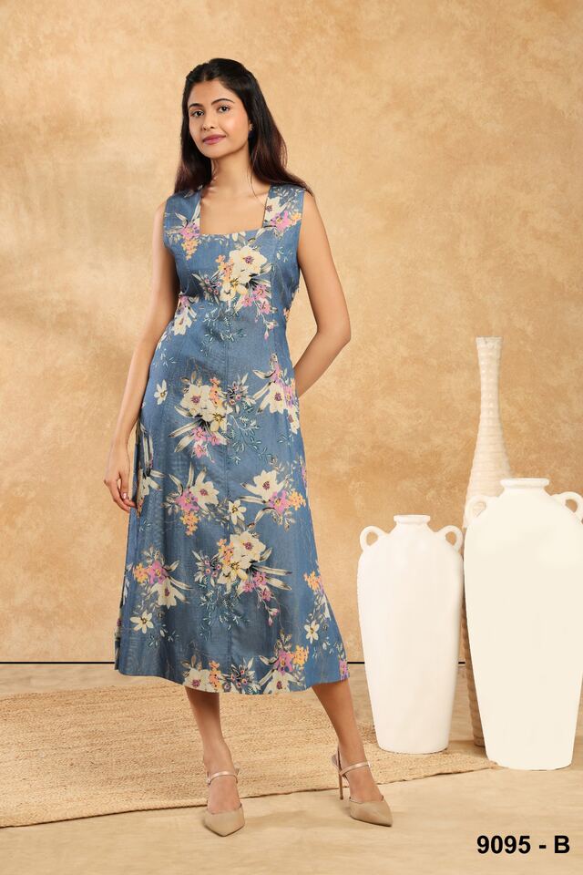 Sleeveless powder-blue floral midi dress with a sweetheart neckline