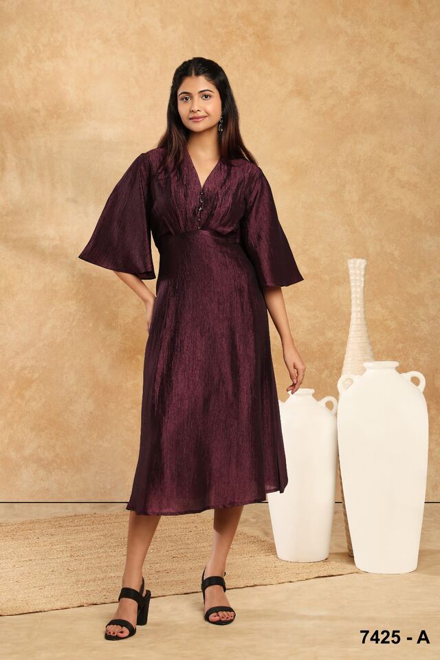 Plum wrap dress with flared elbow sleeves and a gathered waist