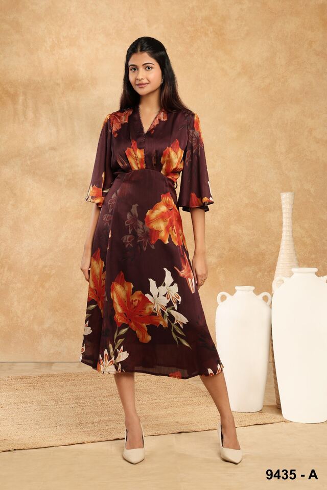 Wine satin dress with large rust florals and fluttered sleeves
